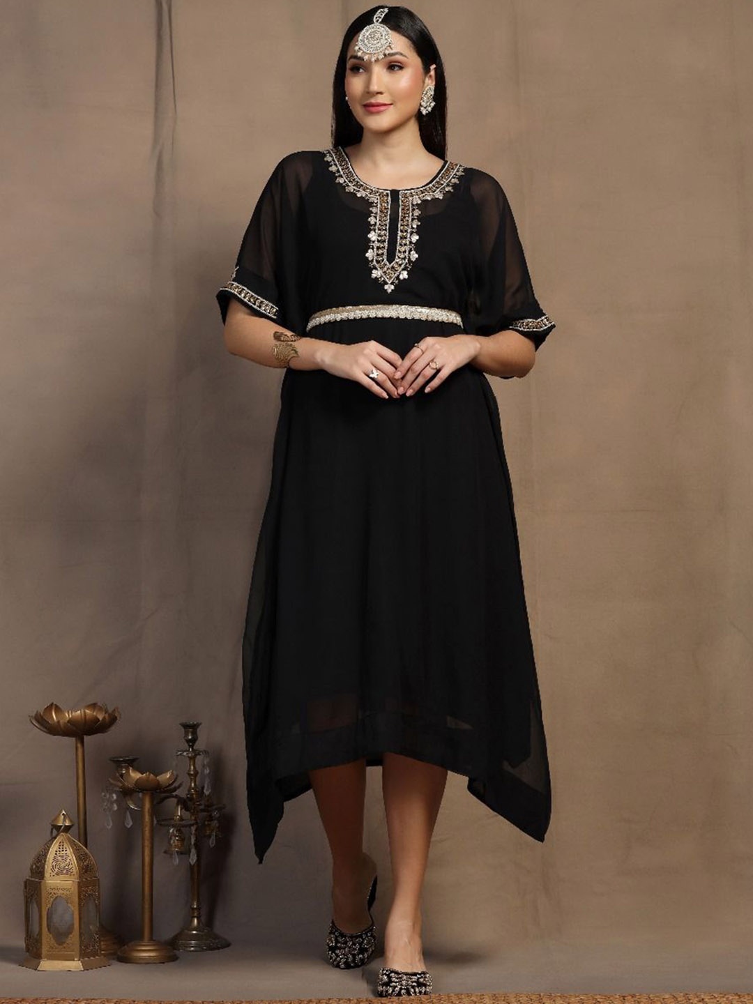 

SHADES OF FAASHION Yoke Design Thread Work Georgette Kaftan Ethnic Dresses, Black
