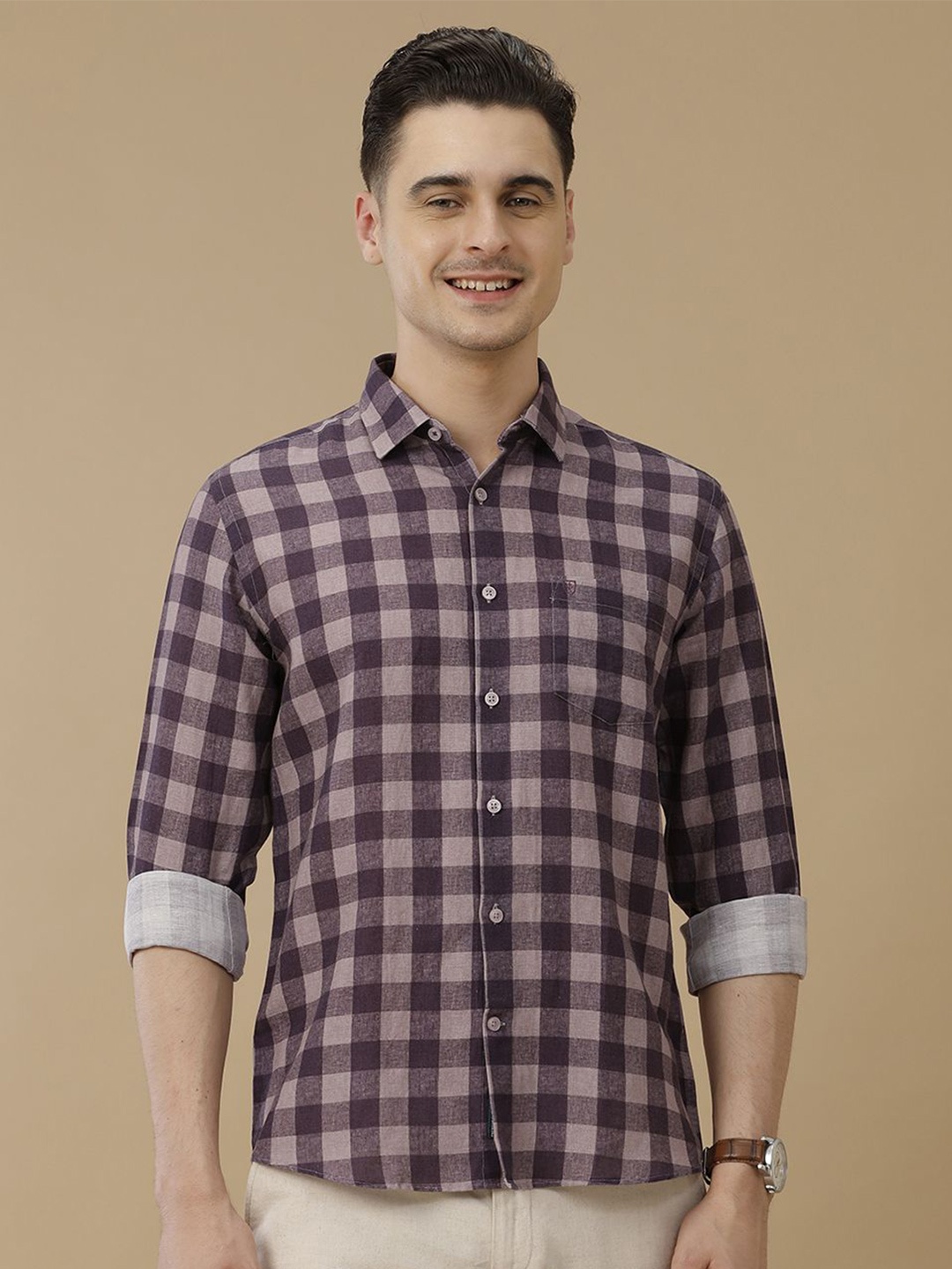 

Linen Club Men Contemporary Slim Fit Gingham Checked Casual Shirt, Purple