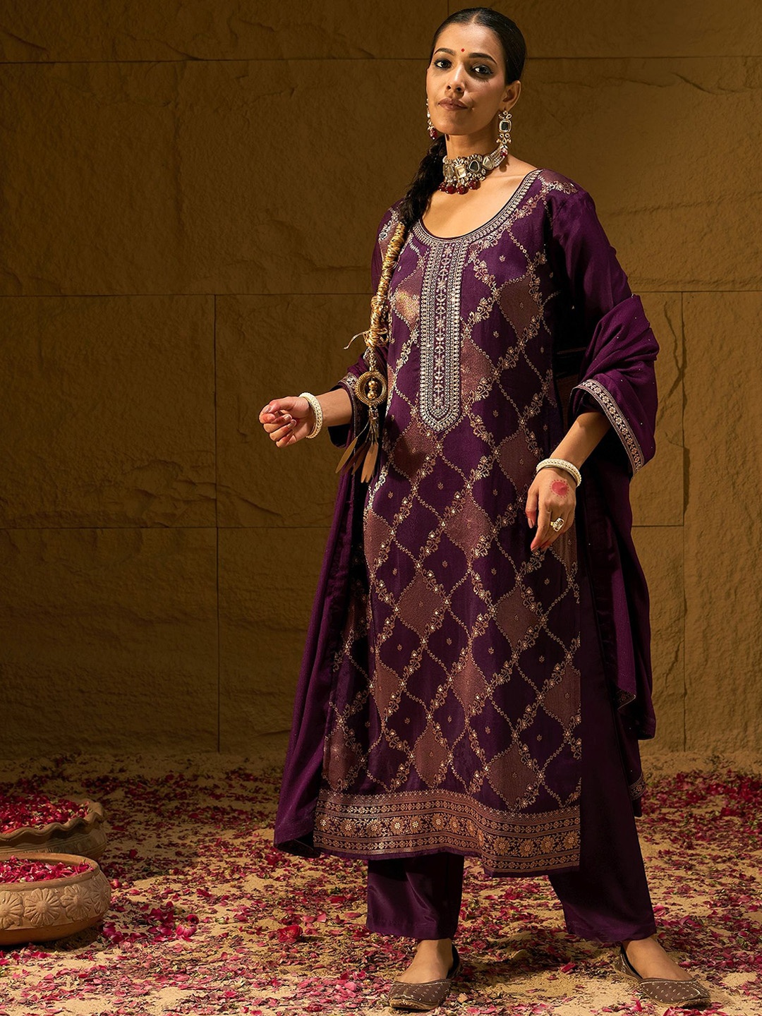 

Indo Era Burgundy Floral Woven Design Thread Work Straight Kurta with Trousers & Dupatta