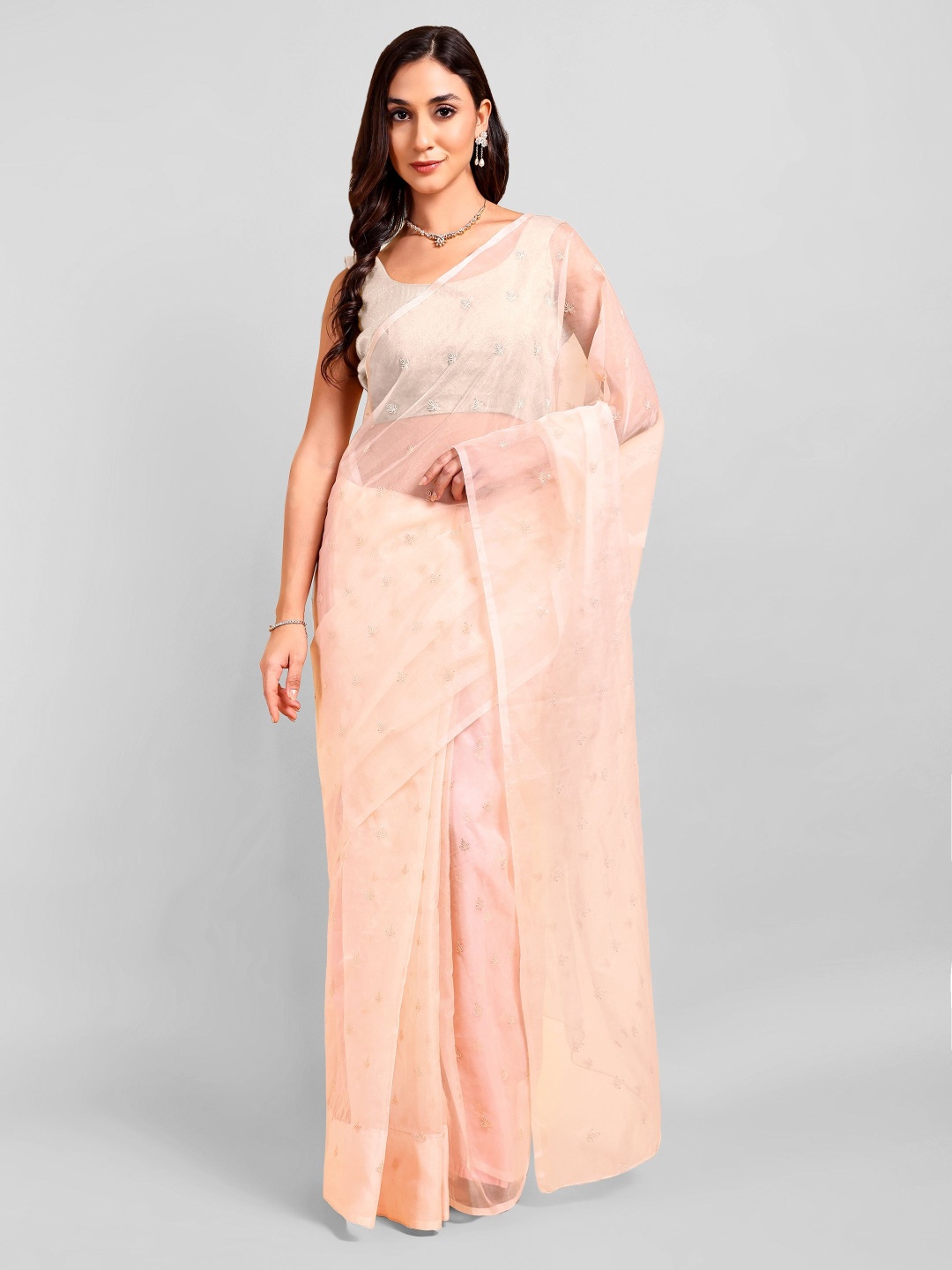

DOERAA Ethnic Motifs Embroidered Net Saree, Peach
