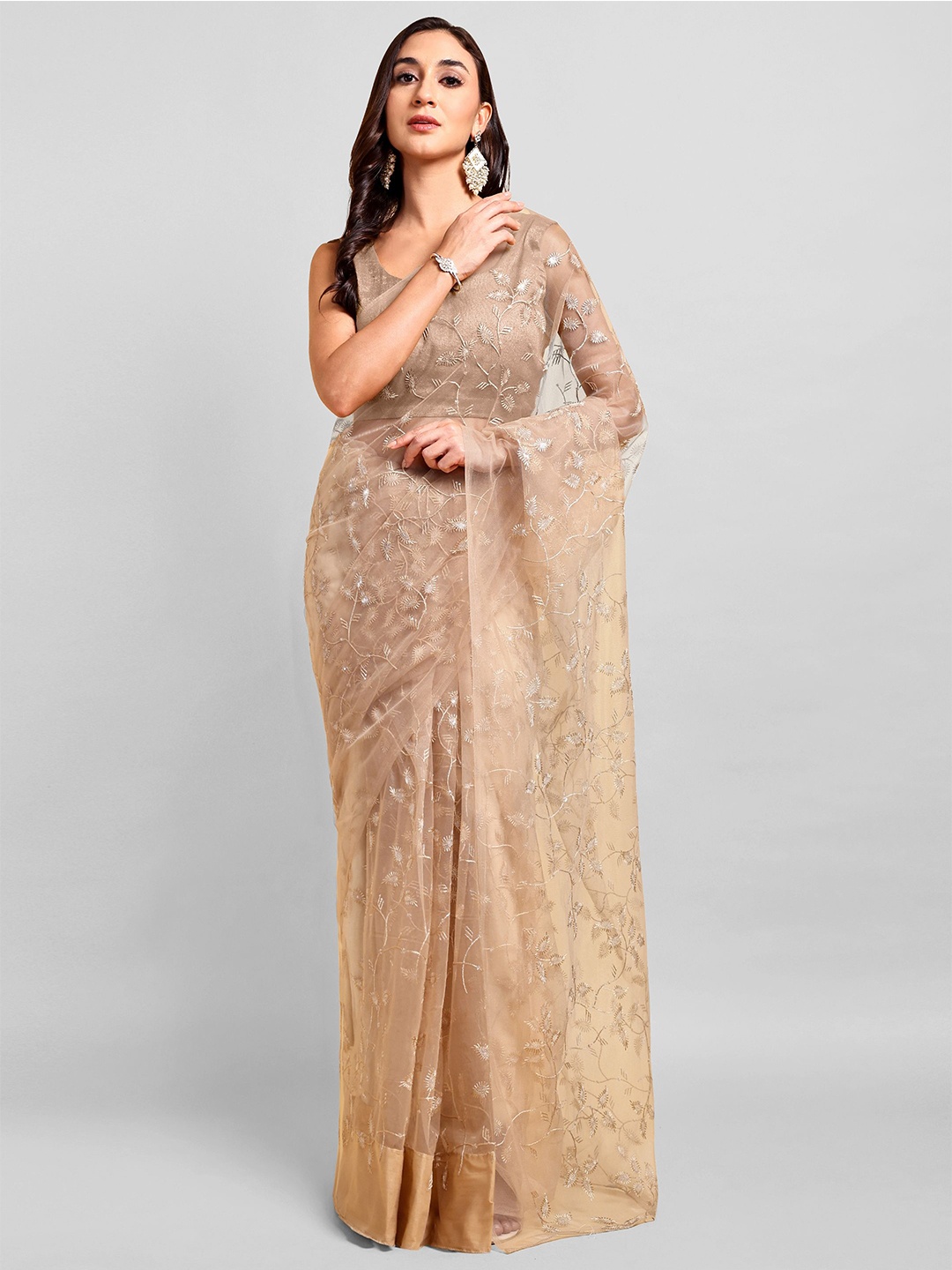 

DOERAA Ethnic Motifs Embroidered Net Saree, Beige