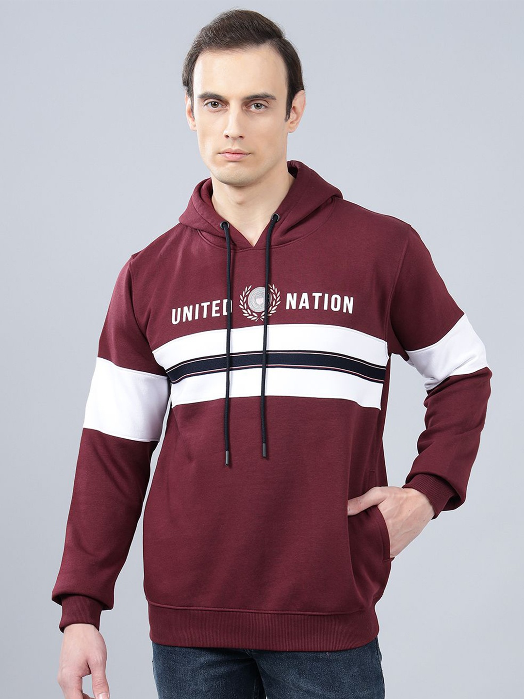 

Cantabil Men Striped Hood Pullover Sweatshirt, Maroon