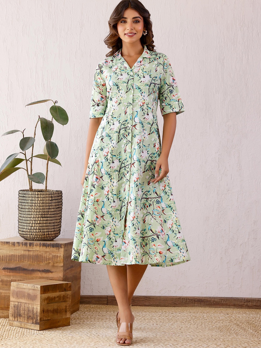 

FLAVIA CREATION Floral Printed Cotton A-Line Midi Dress, Multi