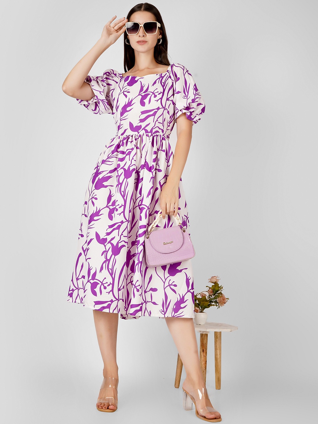 

PARNAVI Women Floral Print Puff Sleeve Fit & Flare Midi Dress, Purple
