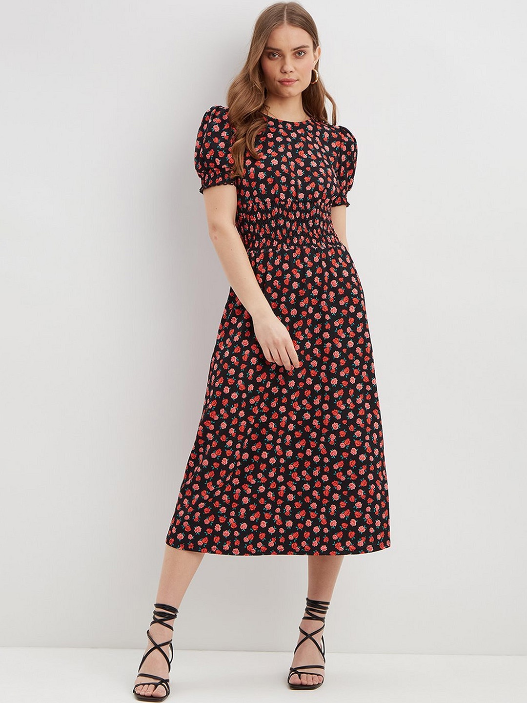 

DOROTHY PERKINS Floral Print Textured Fit & Flare Dress, Black