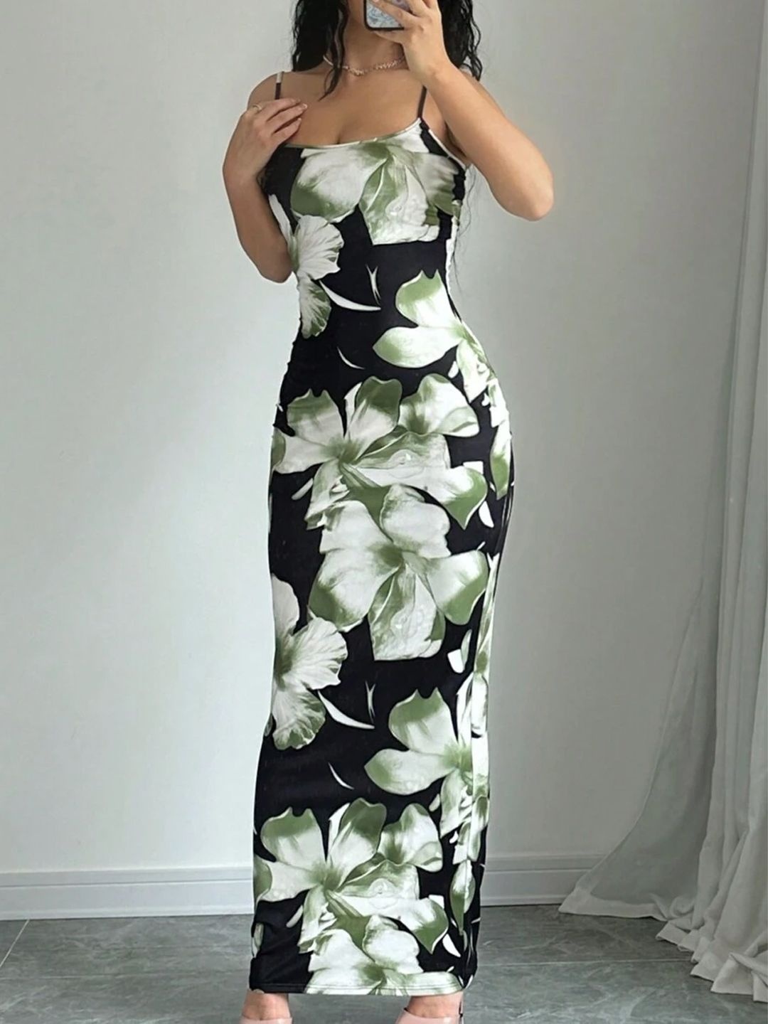 

TANDUL Floral Print Bodycon Maxi Dress, Black