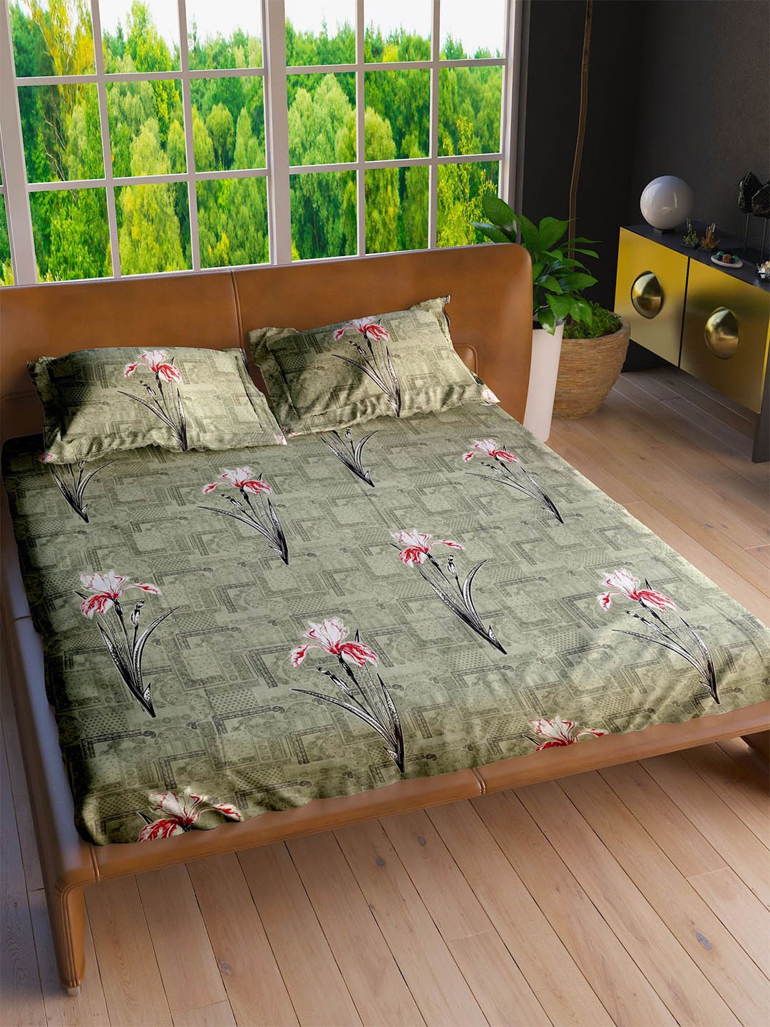 

LABHAM jubilee Green Floral Printed 160 TC Cotton King Bedsheet with 2 Pillow Covers