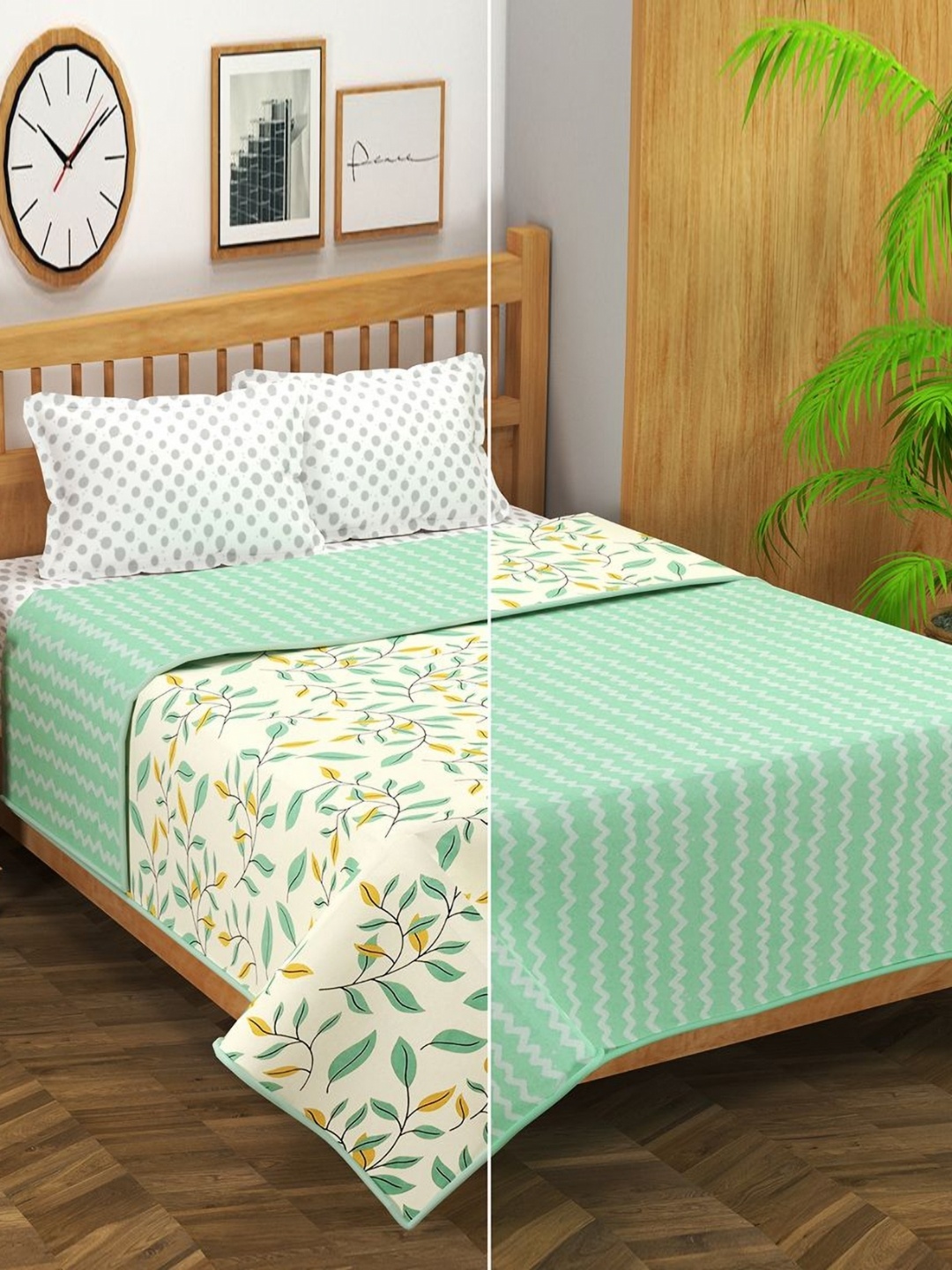 

bsb home Green & Yellow Floral Printed Cotton AC Room 120 GSM Reversible Double Bed Dohar