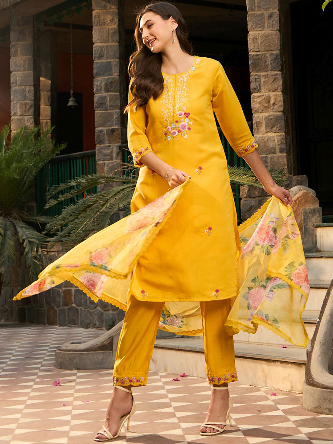 

Indo Era Yellow Floral Embroidered Straight Kurta with Trousers & Dupatta
