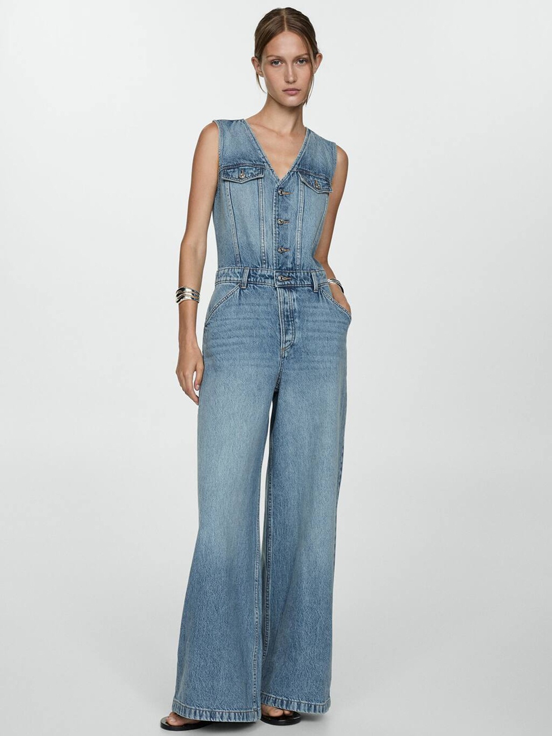 

MANGO Pure Cotton Denim Wide Leg Jumpsuit, Navy blue