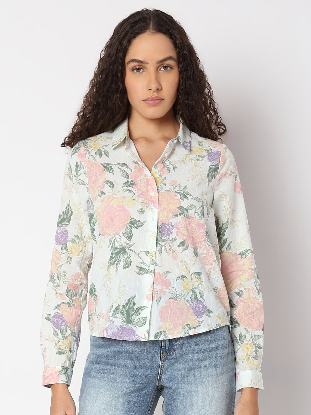

Vero Moda Women Spread Collar Floral Printed Cotton Casual Shirt, Beige