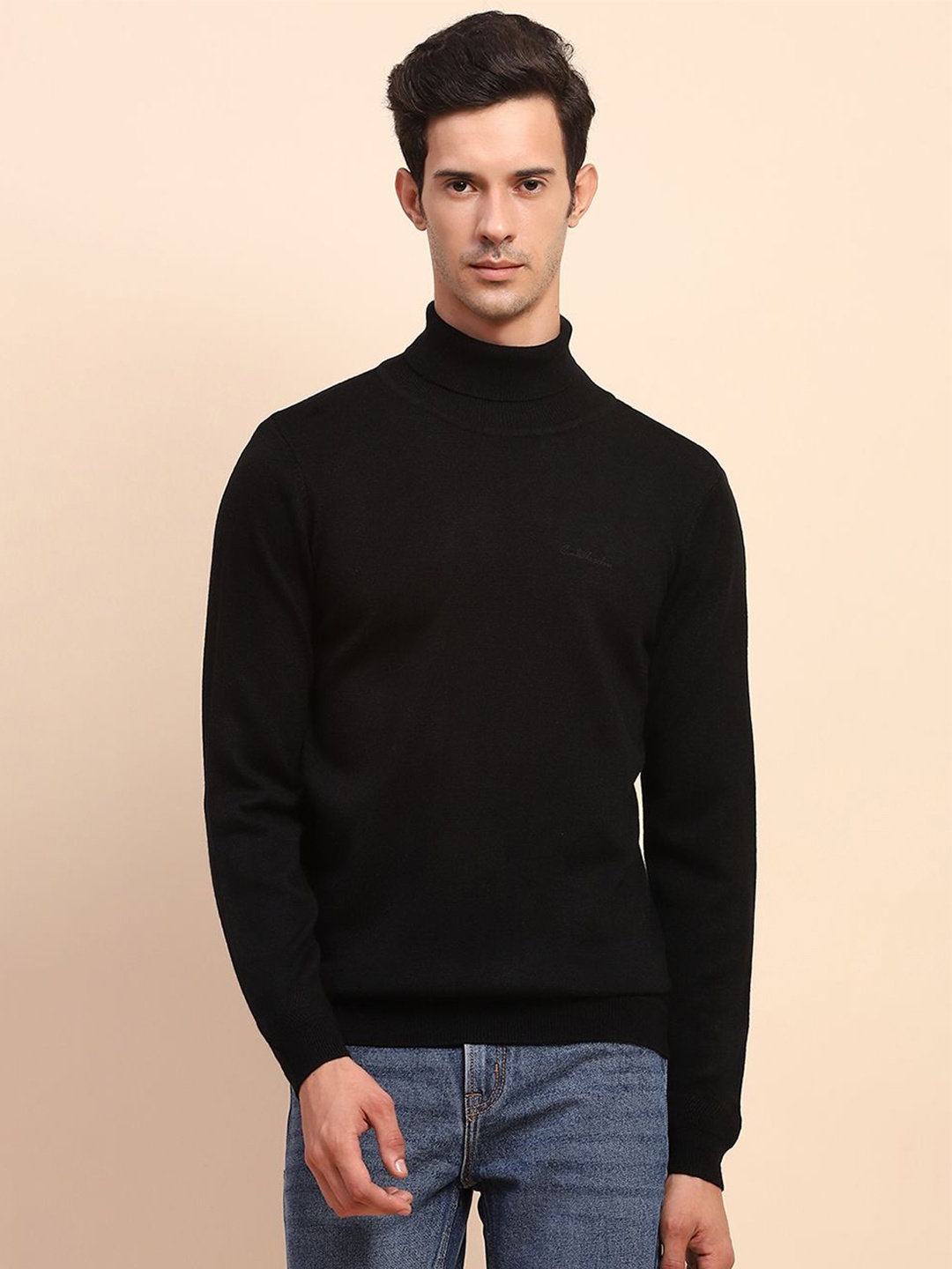 

CAMLA Men Black Acrylic Long Sleeves Turtle Neck Pullover Sweaters