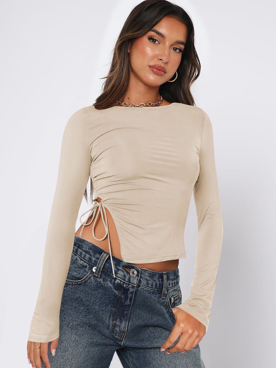

JC Mode Round Neck Crop Top, Beige