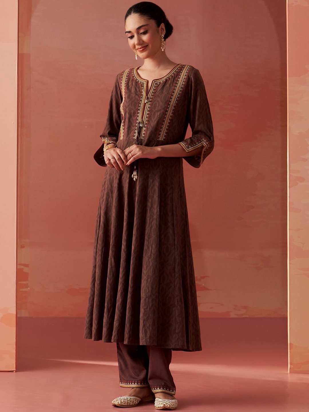

Lakshita Floral Embroidered Thread Work Pure Cotton Anarkali Kurta with Trousers, Brown
