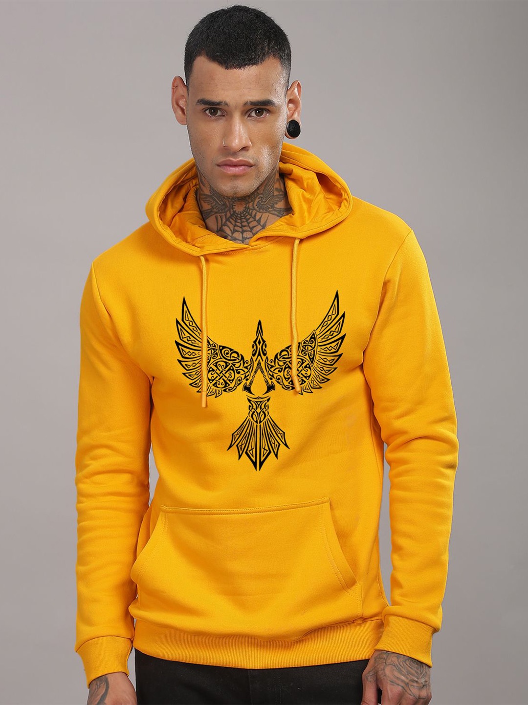 

ADRO Men Cotton Printed Long Sleeves Hooded neck Kangaroo Pocket Sweatshirt, Mustard