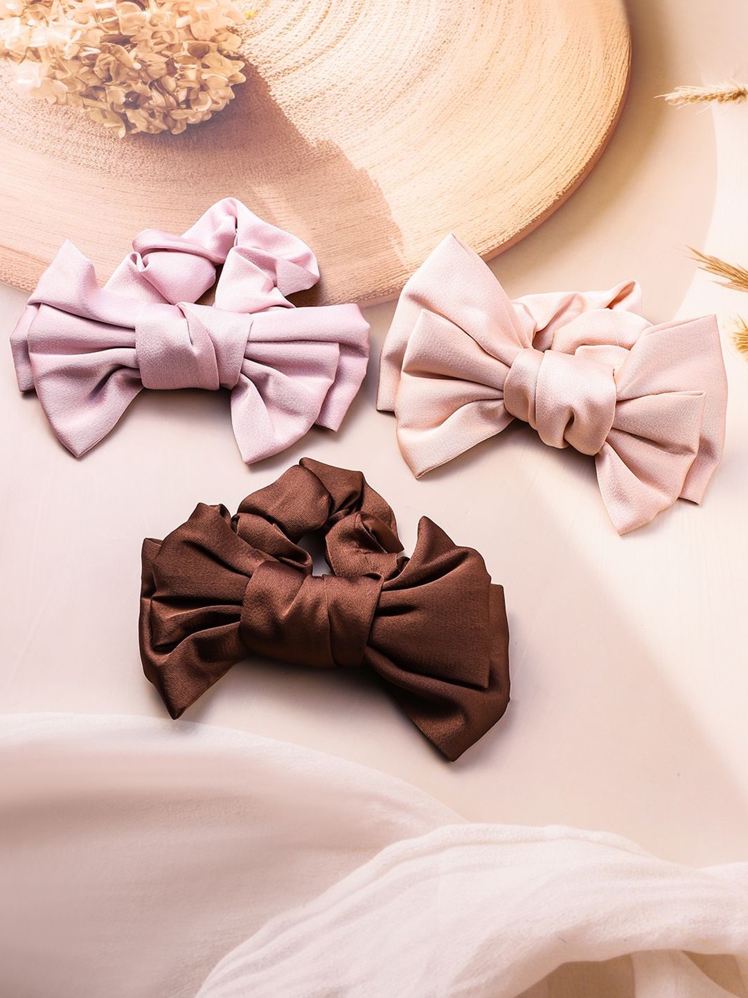 

Rubans Set of 3 Handmade Beige, Lavender & Brown Scrunchies with Bow Accents