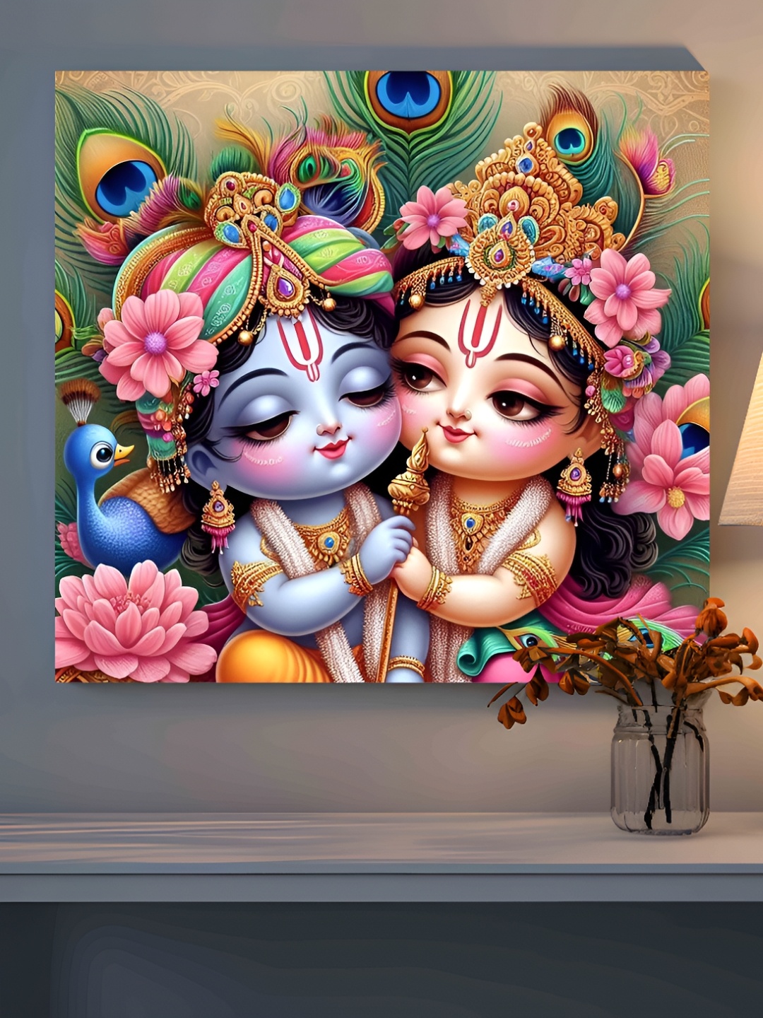 

SAF Blue & Pink Wooden Radha Krishna Religious Wall Paintings