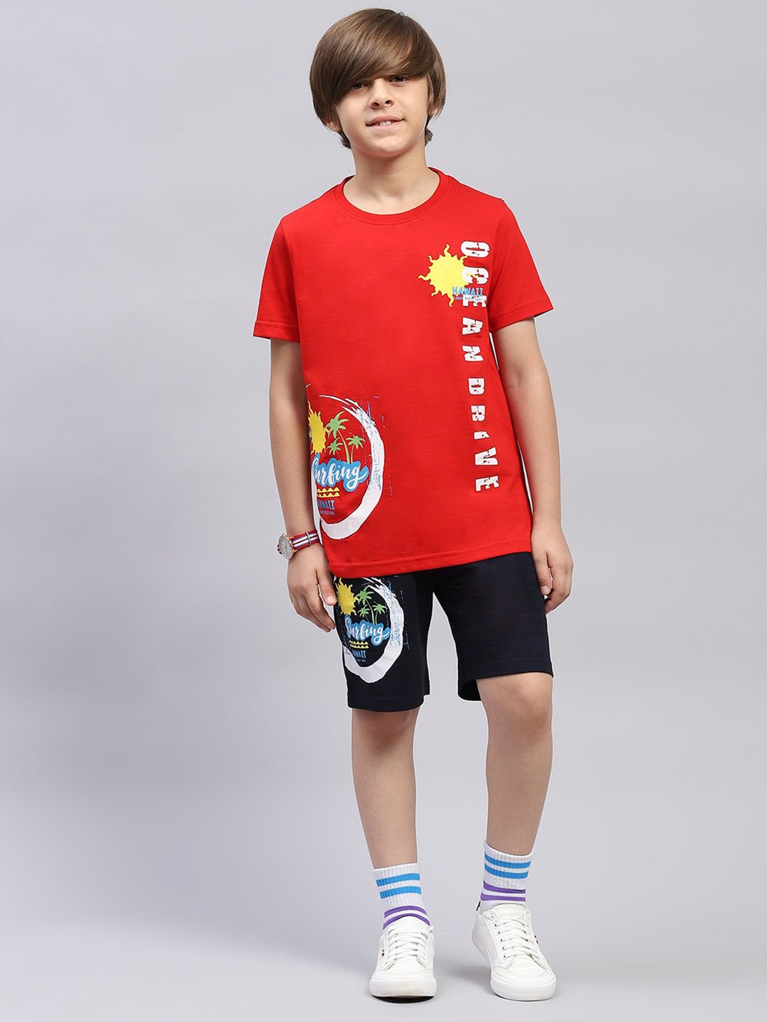 

Monte Carlo Boys Graphic Printed Round Neck T-shirt with Shorts, Red