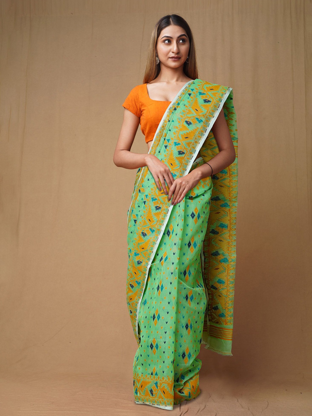 

Unnati Silks Woven Design Pure Cotton Jamdani Saree, Green