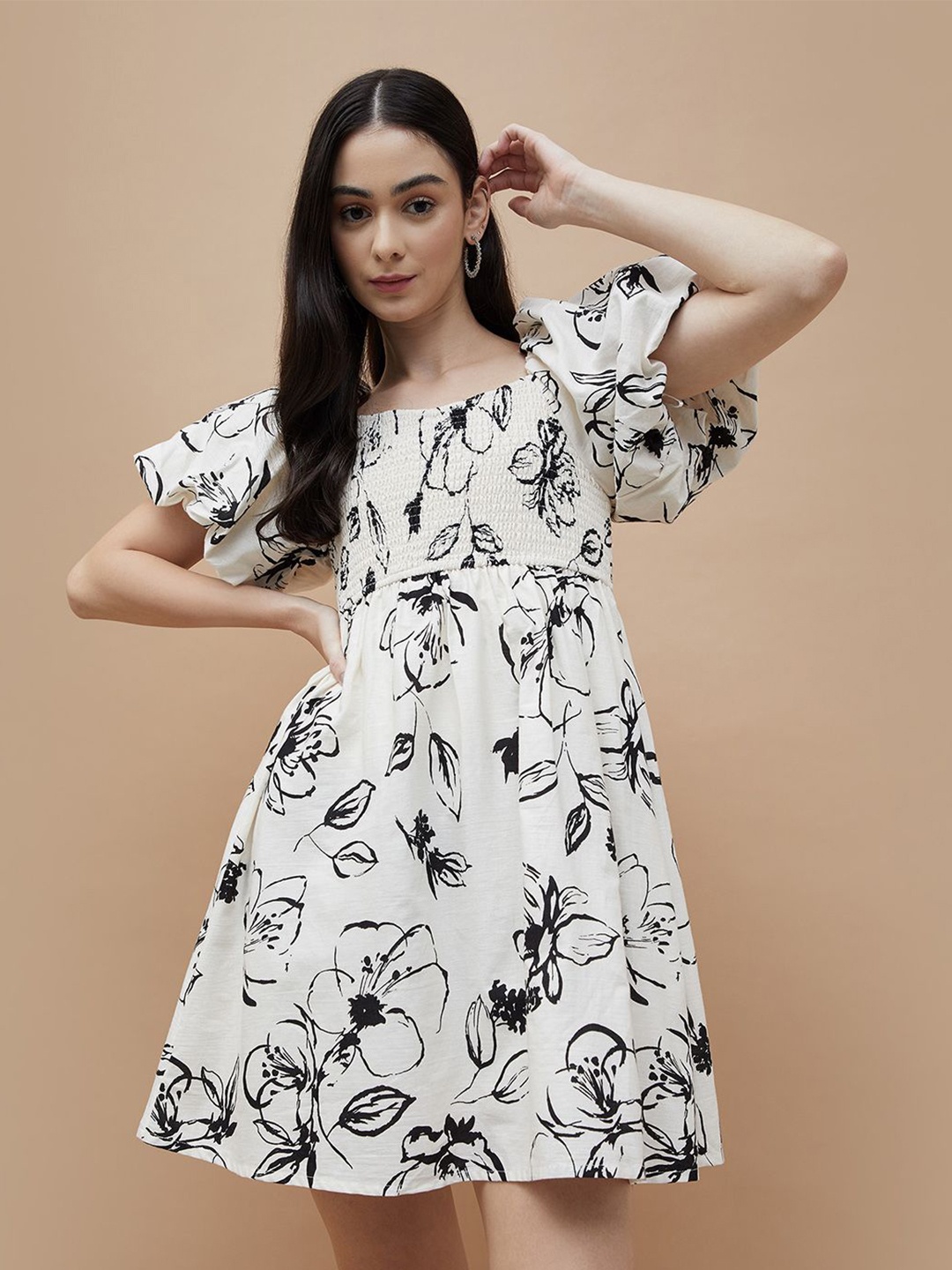 

Ginger by Lifestyle Women Floral Print Puff Sleeve Fit & Flare Dress, White