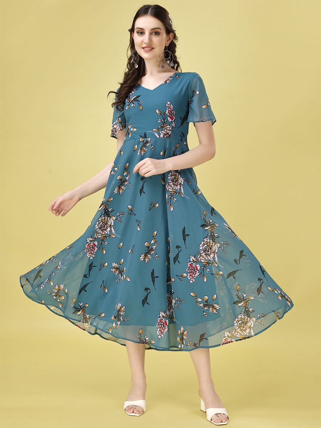 

BAESD Women Floral Printed Flared Sleeve Fit & Flare Dress, Teal