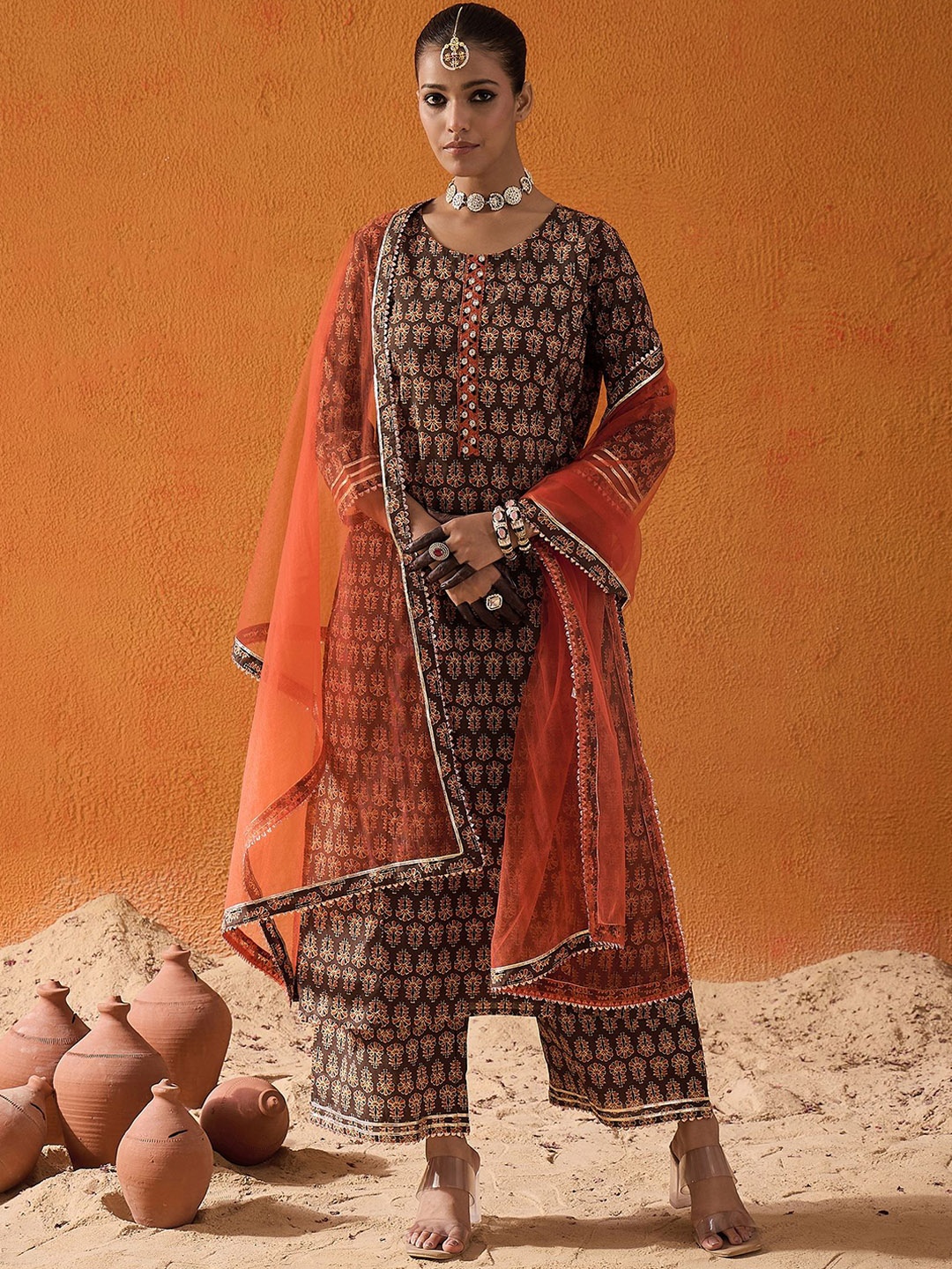 

Indo Era Ethnic Motifs Printed Straight Kurta With Palazzos & Dupatta, Brown