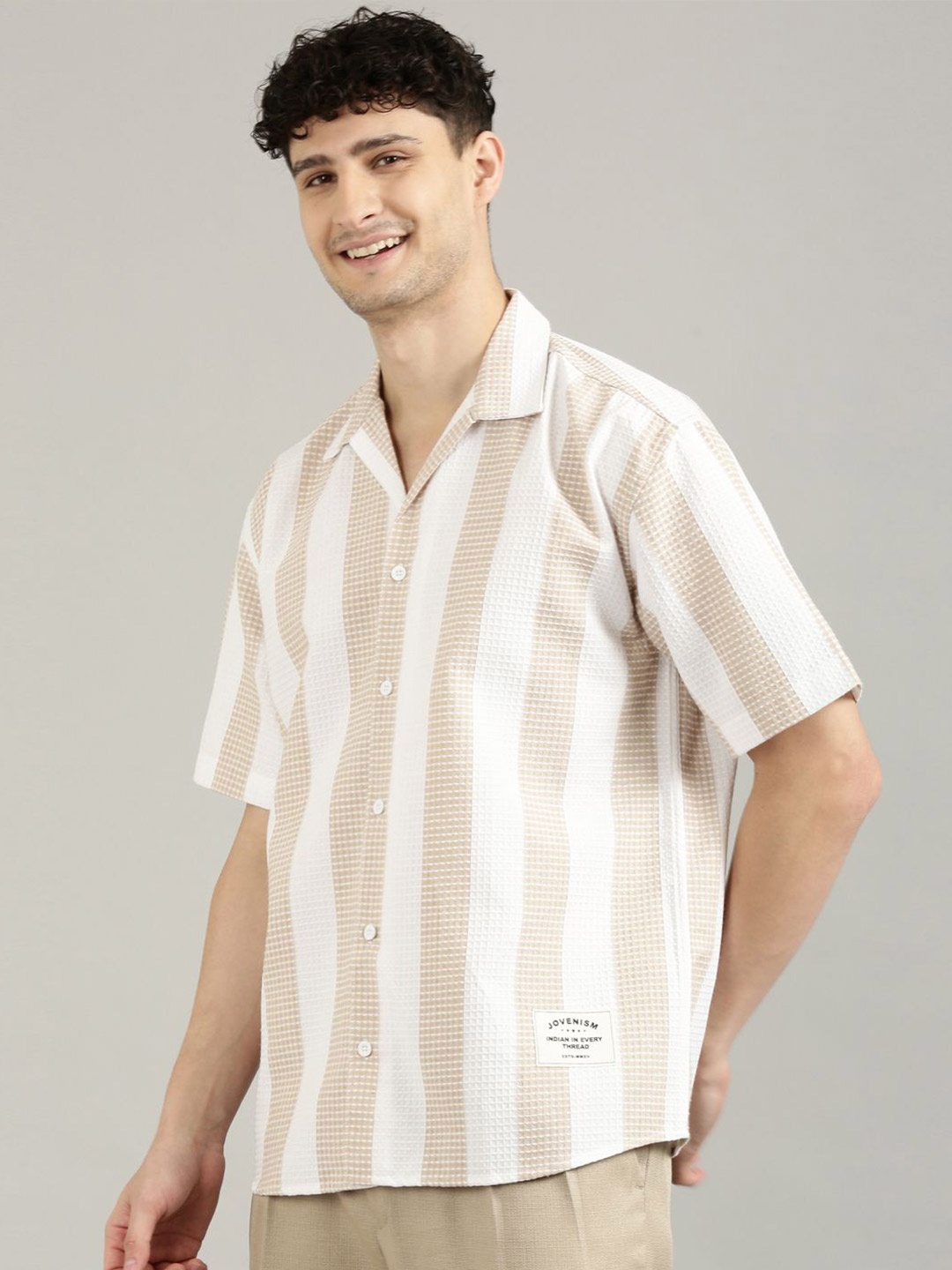 

Joven Men Cotton Striped Casual Shirt, Beige