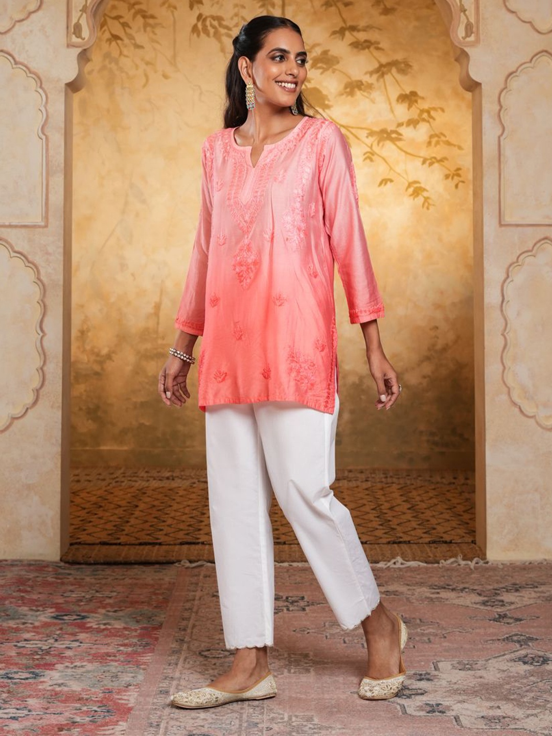 

House of Chikankari Chikankari Woven Short Kurta, Peach