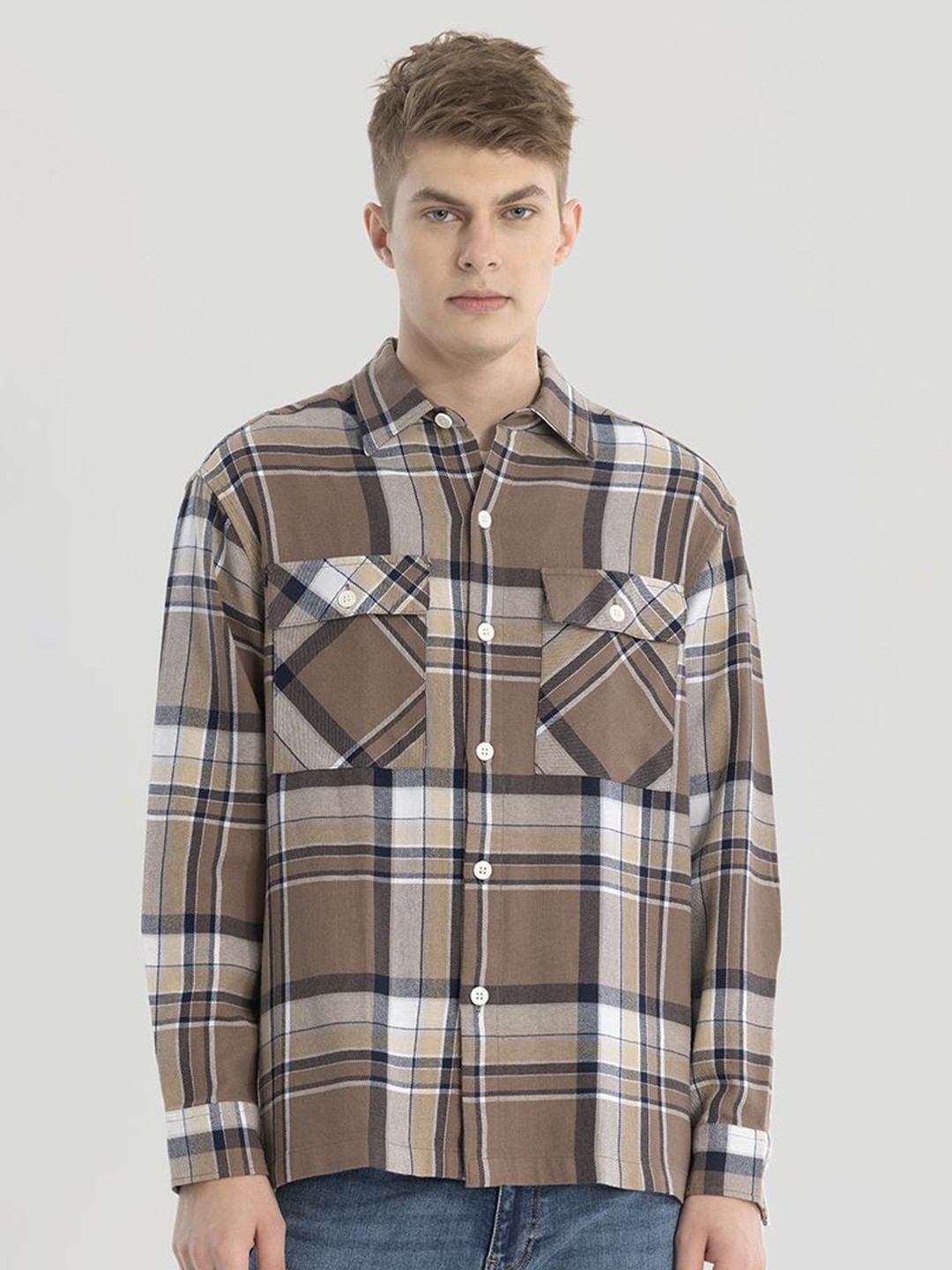 

Snitch Men Smart Spread Collar Checked Cotton Slim Fit Casual Shirt, Brown