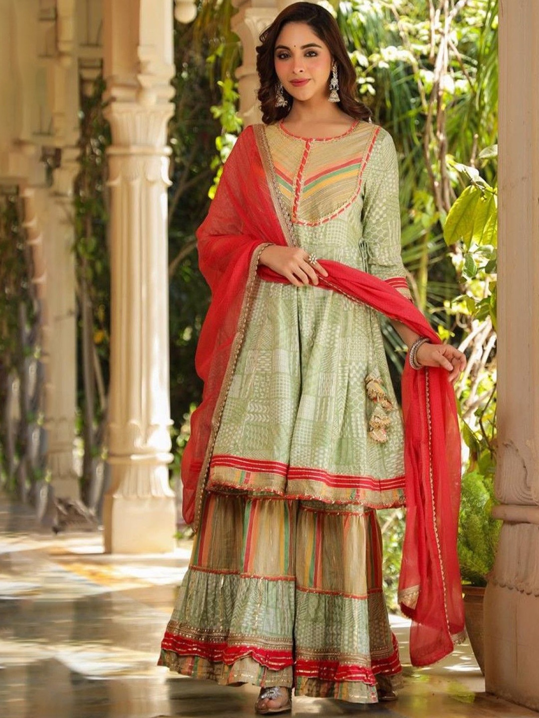 

AUTUMN LANE Bisu Scafern Printed A-Line Pure Cotton Kurta with Sharara & dupatta, Green