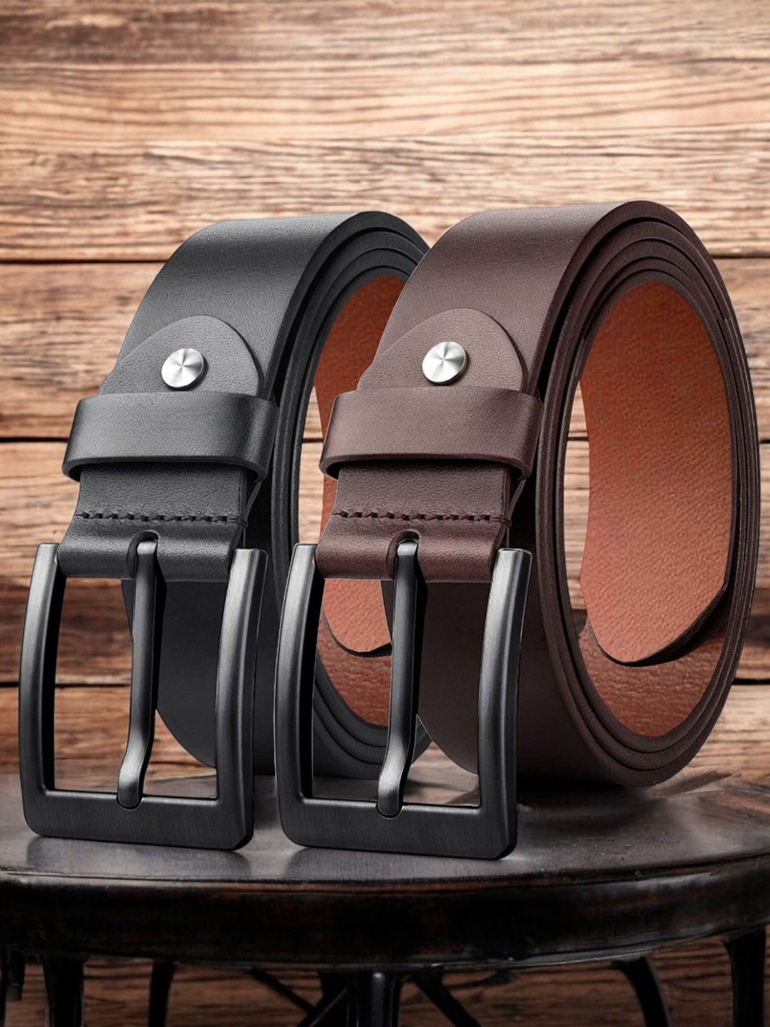 

URBAN ALFAMI Men Pack Of 2 Solid Leather Belt, Black