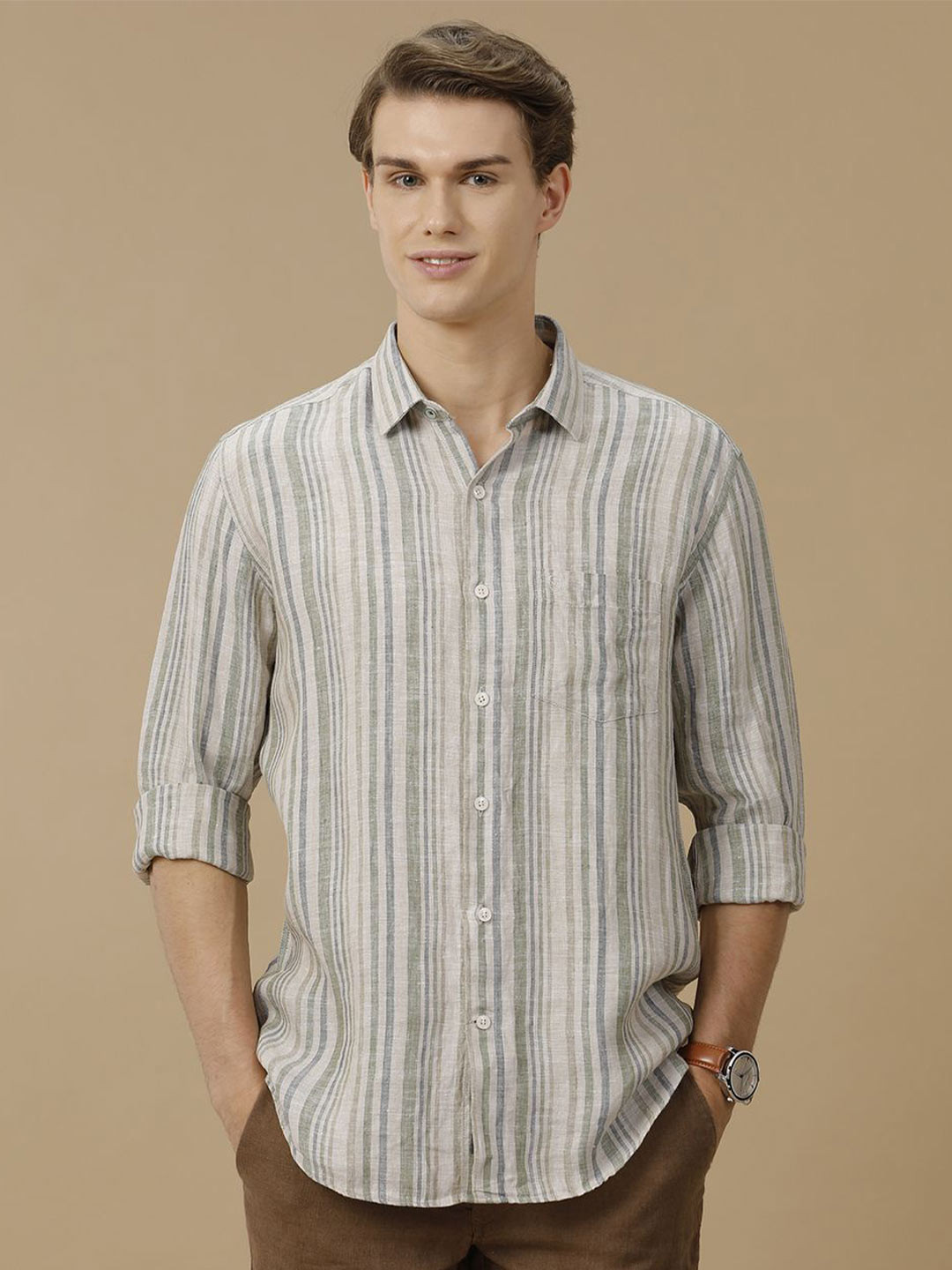 

Linen Club Men Contemporary Spread Collar Multi Striped Linen Slim Fit Casual Shirt, Green