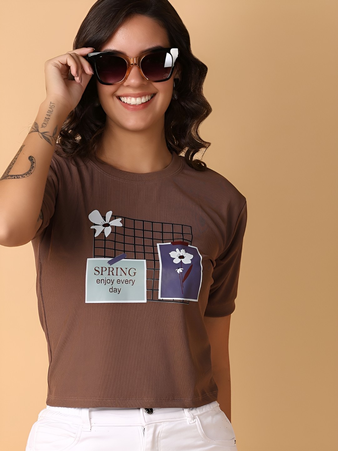 

V-Mart Women Graphic Printed Round Neck Cotton T-shirt, Brown