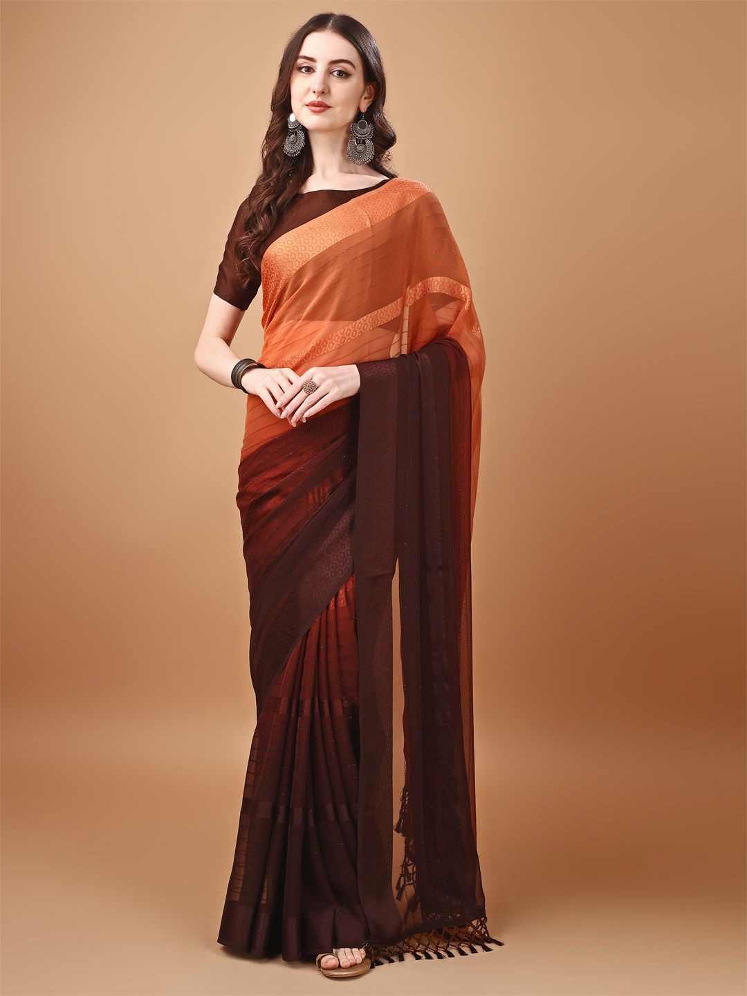 

KALINI Embellished Silk Blend Woven Design Saree, Orange