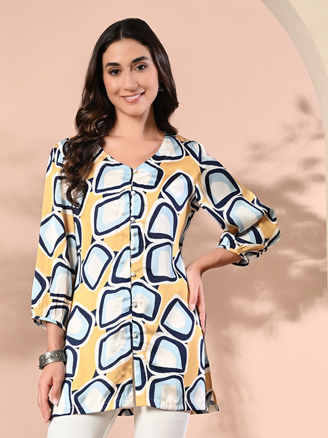 

MEESAN Women V-Neck Abstract Printed Casual Tunic, Yellow