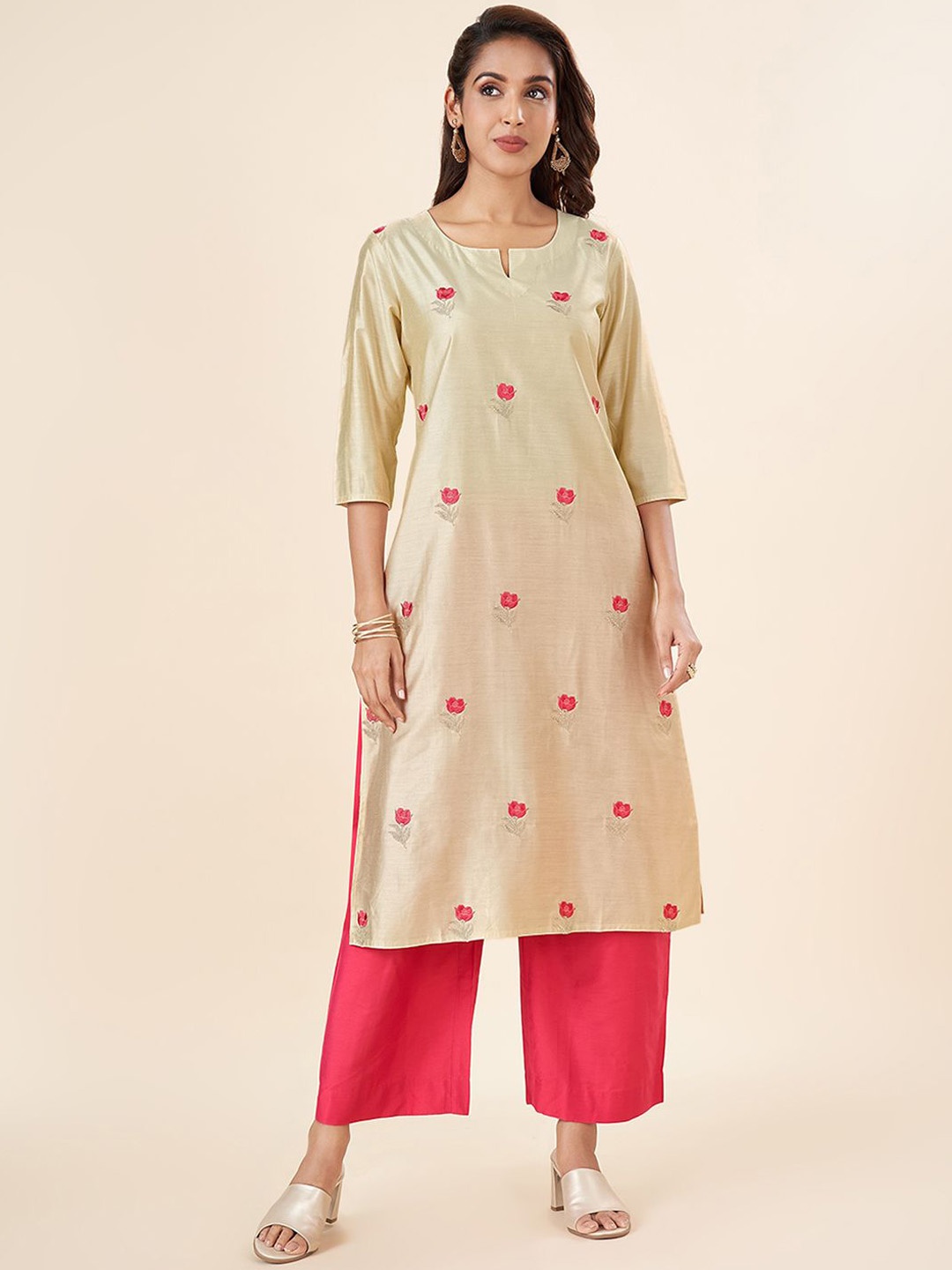 

RANGMANCH BY PANTALOONS Floral Embroidered Thread Work Straight Kurta, Beige