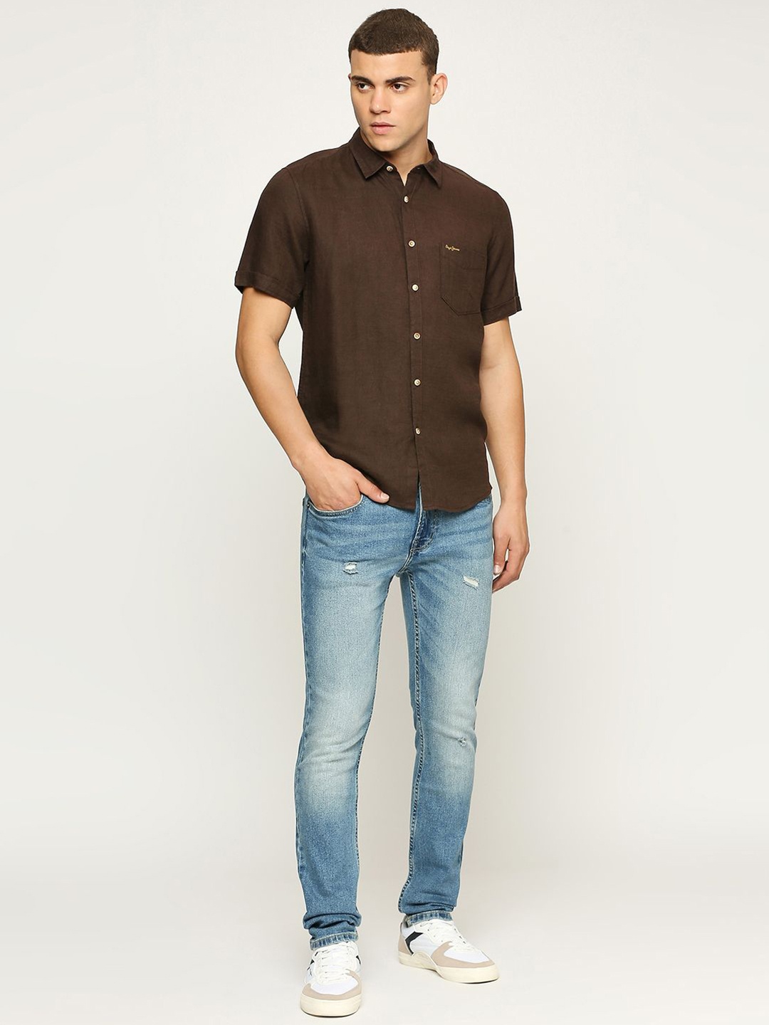 

Pepe Jeans Men Spread Collar Solid Linen Casual Shirt, Brown