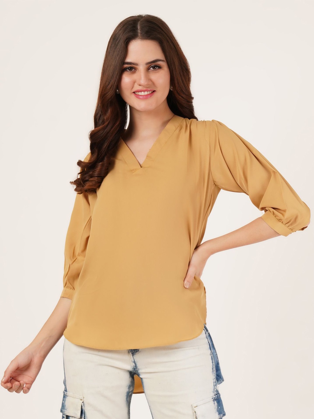 

Brownverse Women Solid V-Neck Top, Beige