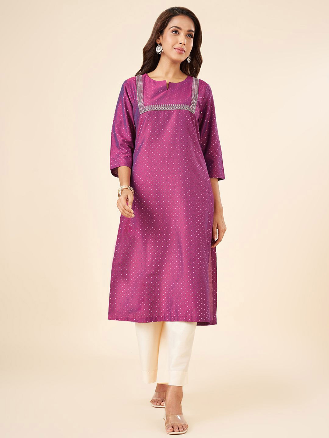 

RANGMANCH BY PANTALOONS Thread Work Notch Neck A Line Kurta, Pink