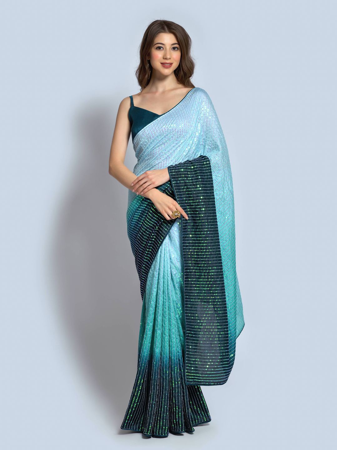 

Krimmple Striped Sequinned Art Silk Saree, Sea green