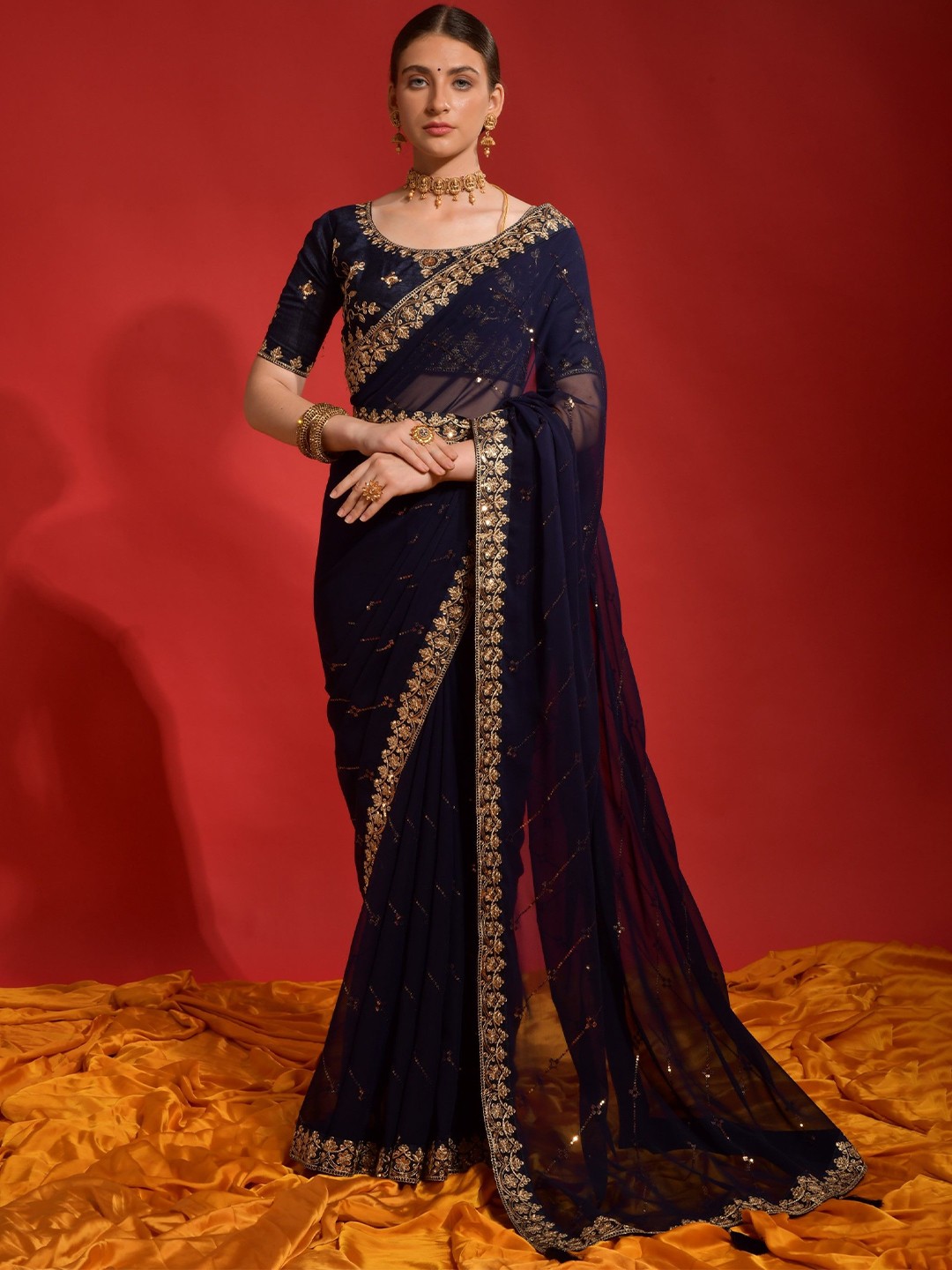 

Panzora Embellished Sequinned Designer Saree, Navy blue