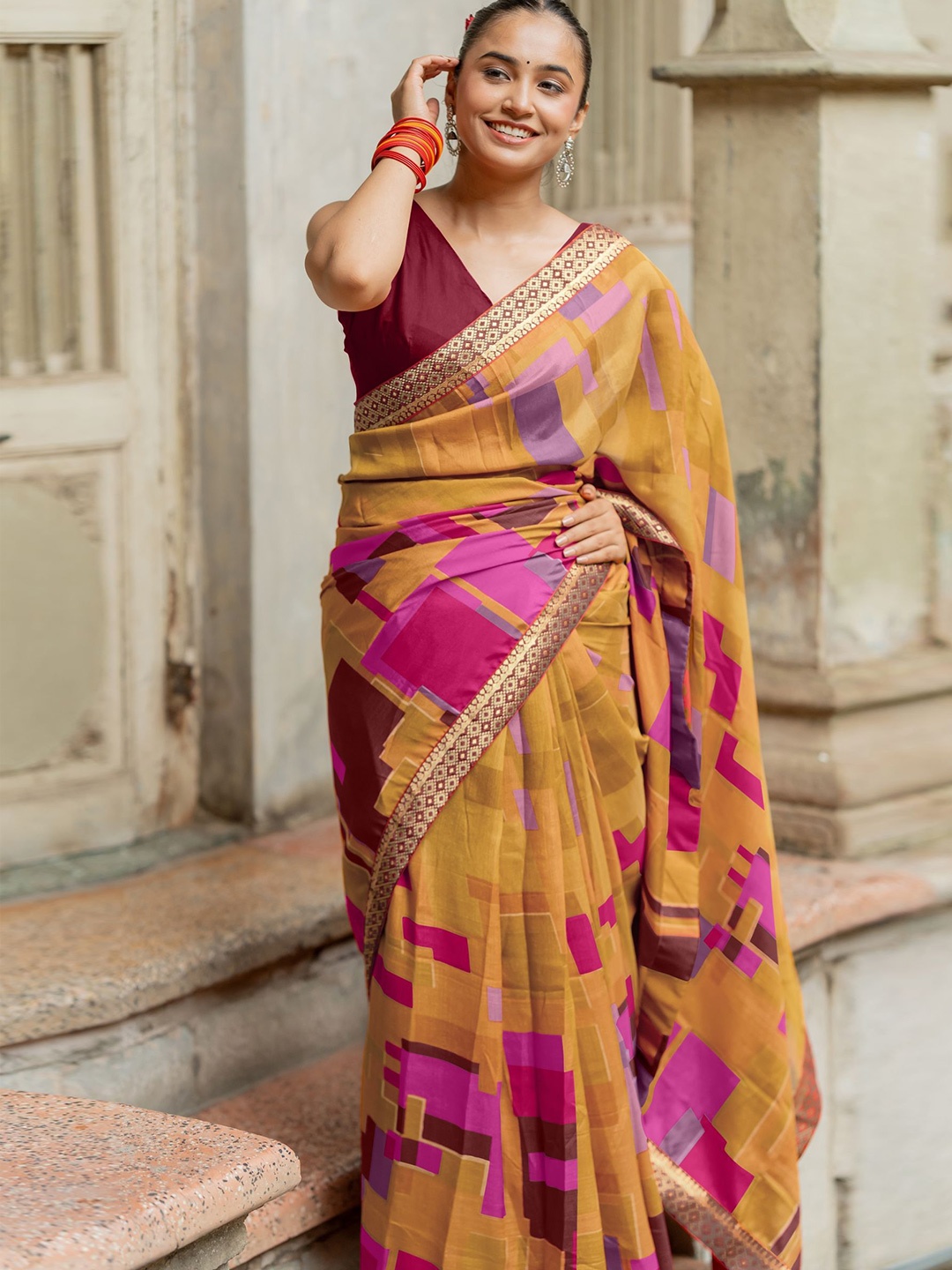 

KALINI Zari Printed Saree, Mustard