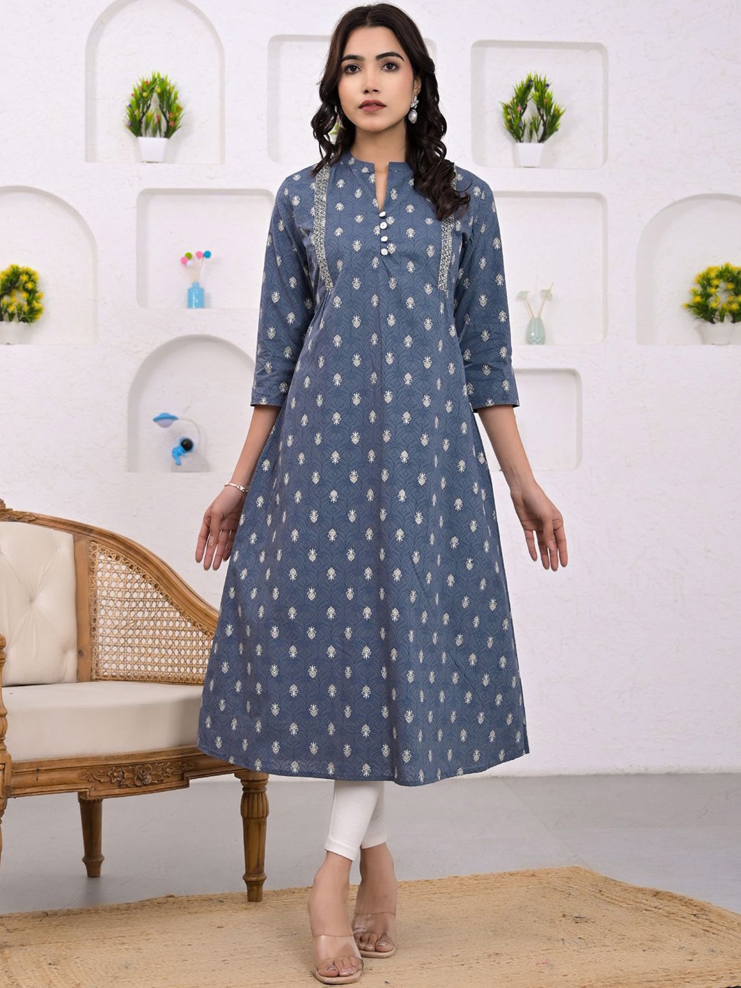 

Readiprint Floral Printed A-Line Cotton Kurta, Grey
