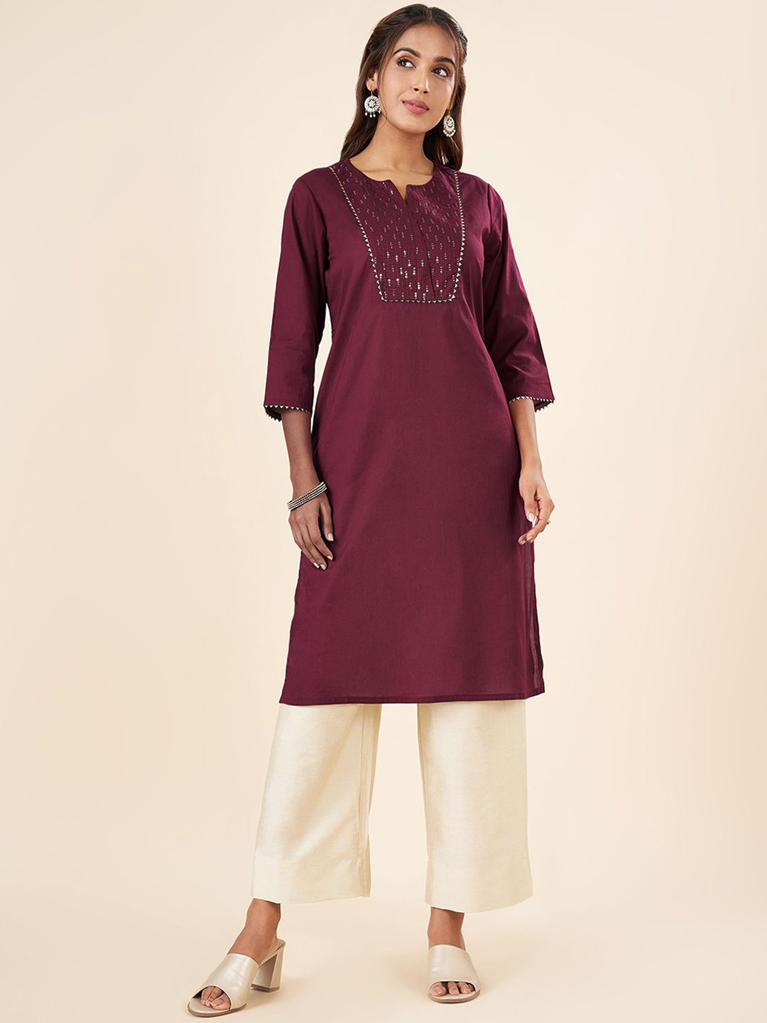

RANGMANCH BY PANTALOONS Thread Work Notch Neck Pure Cotton Straight Kurta, Red