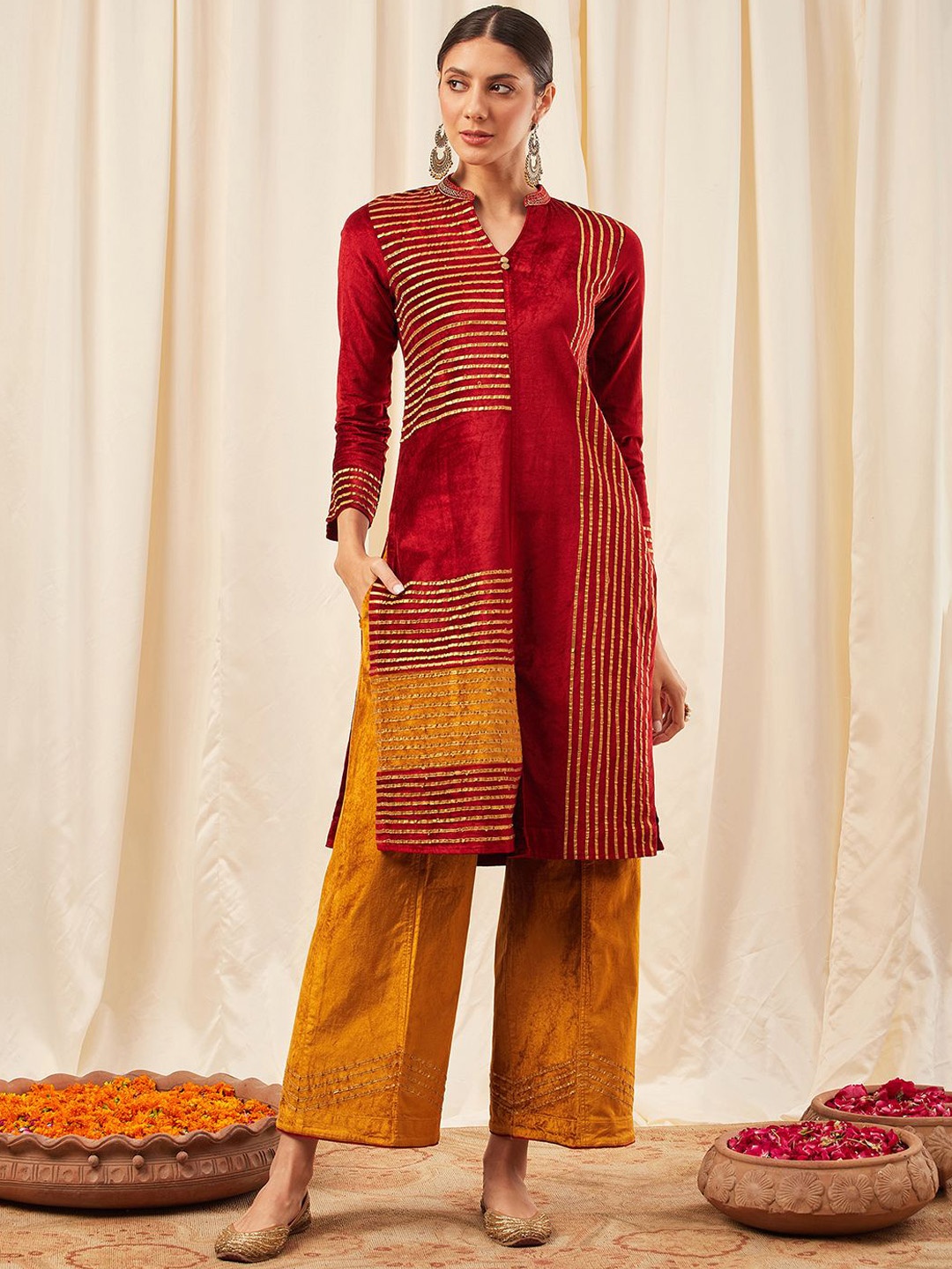 

STADO Striped Gotta Patti Velvet Straight Kurta with Trousers, Red