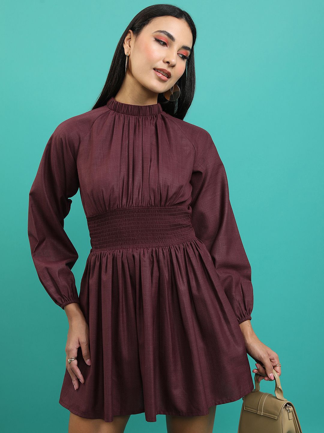 

Tokyo Talkies Women Puff Sleeves Fit and Flare Mini Dress, Burgundy