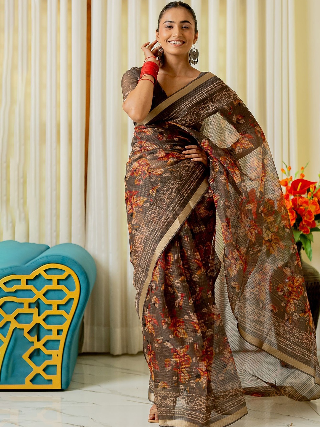 

KALINI Floral Printed Zari Saree, Coffee brown