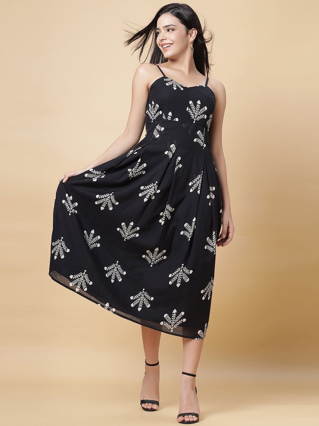 

DressBerry Women Floral Printed Cotton A-Line Midi Dress, Black