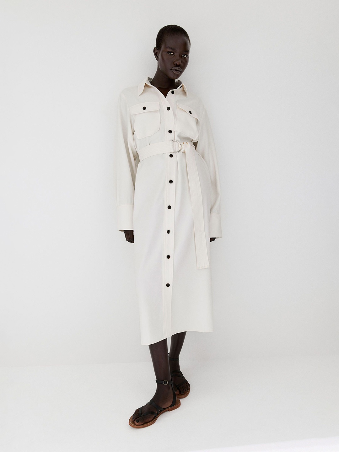 

H&M Belted Shirt Midi Dress, White