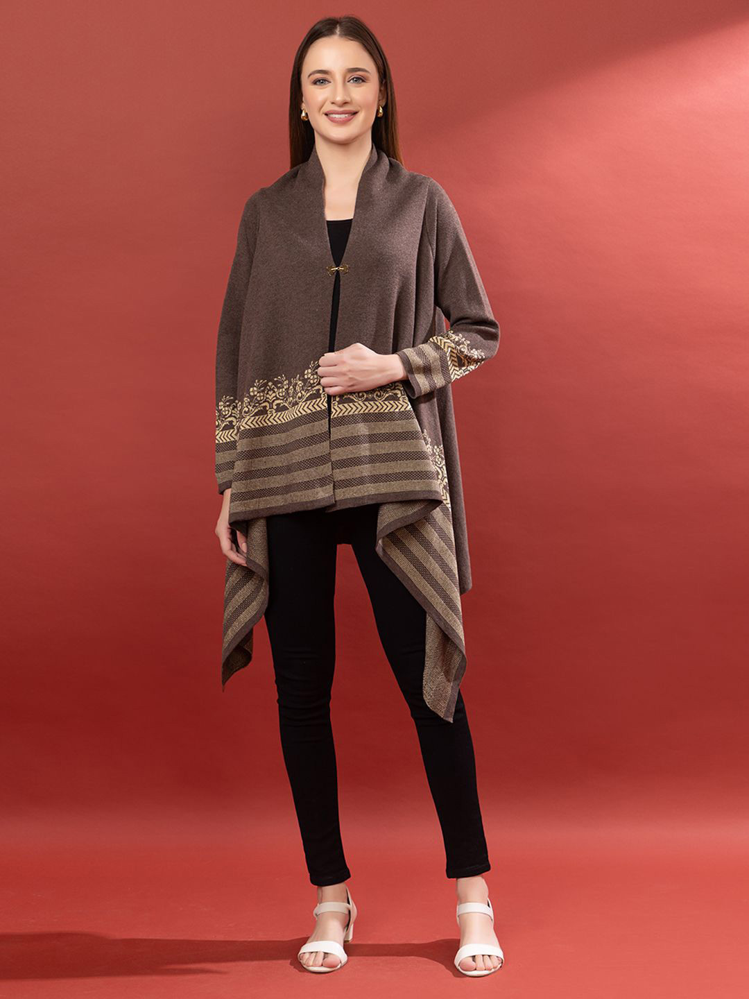 

Anouk Coffee Brown Printed Open Front Shrug